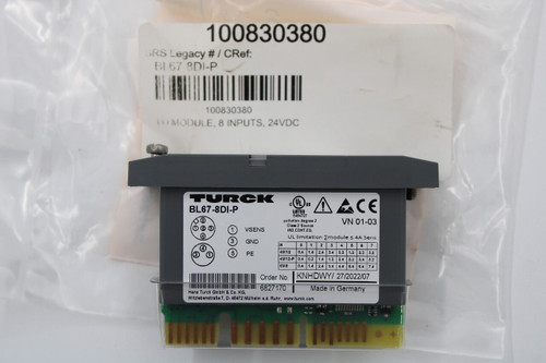 100830380 
 SRS Legacy # / CRef: 
 BL 67-8DI-P 
 100830380 
 TO MODULE, 8 INPUTS, 24VDC 
 TURCK 
 BL67-8DI-P 
 US 
 ACE 
 LISTED 
 E484727 
 pollution degree 2 
 VN 01-03 
 Class 2 Source 
 VSENS 
 IND.CONT.EQ. 
 4 
 3 
 GND 
 UL limitation Emodule ≤ 4A Sens. 
 N 
 0 
 1 
 23456 
 7 
 3 
 1 
 5 
 PE 
 4M12 
 0,4 |1.4 2.4 3.4 0.2 1.2 2.2 3.2 
 4M12-P 0:4 
 0.2 1.4 1.2 2.4 2.2 3.4 3.2 
 8M8 
 0.4 1.4 2.4 3.4 4.4 5.4 6.4 7.4 
 Order No. 
 KNHDWY/ 27/2022/07 
 Hans Turck GmbH & Co. KG 
 6827170 
 Made in Germany 
 Witzlebenstraße 7, D- 45472 Mülheim a.d. Ruhr, www.turck.com