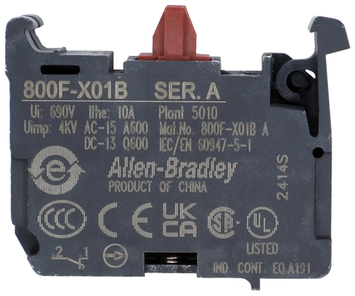 800F-X01B 
 SER. A 
 Ui: 690V Ithe: 10A 
 Plant 5010 
 Uimp: 4KV AC-15 A600 Mat.No. 800F-X01B A 
 DC-13 Q600 IEC/EN 60947-5-1 
 Allen-Bradley 
 PRODUCT OF CHINA 
 2414S 
 COCENT.L 
 LISTED 
 IND. CONT. EQ A19