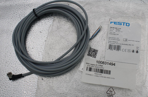 L 
 FESTO 
 SIM-M8-4WD-5-PU 
 Mat. No .: 158963 
 Series: 
 08-2022:13 
 1 pcs 5 m 
 connecting cable 
 Festo SE & Co. KG 
 www.festo.com/sp 
 DE-73734 Esslingen 
 Made in Bulgaria 
 UK Importer: Festo Ltd, Brackmills, NN4 7PY 
 CELEM 
 052568 
 100831494 
 SRS Legacy # / CRef: 
 SIM-M8-4WD-5-PU 
 ITEM. 
 100831494 
 CONNECT. CABLE SIM-M8-4WD-5-PU 
 1 04 
 LDPE