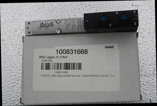 12 . . 14 
 12 
 14 
 FESTO 
 VSVA-B-P53C- 
 ZD-A2-1T1L 
 539188 P302 
 0,09 - 1 MPa 
 (-13,05 -145 psi) 
 12,14: 
 0,3 - 1MPa 
 (43,5 - 145 psi) 
 24V DC 
 100831668 
 100831668 
 51 3 
 1 4 4 M 12 
 539188 
 14 
 FESTO, AIR SOLENOID VALVE, VSVA-B-P53C-ZD-A2-1T1L 
 (14) 
 SRS Legacy # / CRef: