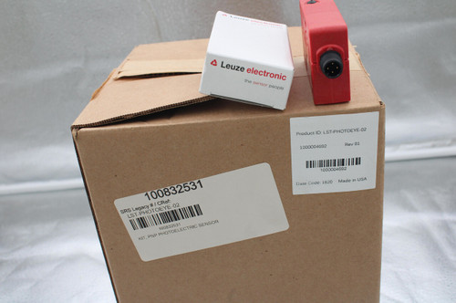 Leuze electronic 
 Leuze electronic 
 the sensor people 
 Product ID: LST-PHOTOEYE-02 
 1000004692 
 Rev 01 
 1000004692 
 100832531 
 Date Code: 1820 Made in USA 
 SRS Legacy # / CRef: 
 LST-PHOTOEYE-02 
 100832531 
 KIT, PNP PHOTOELECTRIC SENSOR