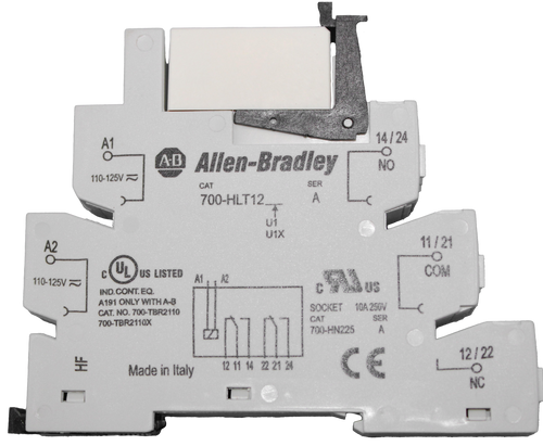 A1 
 0 
 14/24 
 AD Allen-Bradley 
 O 
 NO 
 110-125V = 
 CAT 
 SER 
 700-HLT12 
 A 
 U1 
 A2 
 U1X 
 0 
 11/21 
 (UL) 
 -O 
 110-125V~ 
 US LISTED 
 1 . , A2 
 COM 
 IND.CONT.EQ 
 A191 ONLY WITH A-B 
 CAT. NO. 700-TBR2110 
 SOCKET 10A 250V 
 700-TBR2110X 
 CAT 
 SER 
 700-HN225 
 A 
 Made in Italy 
 12 11 14 22 21 24 
 CE 
 L 
 12/22 
 NC