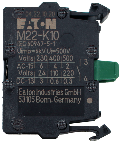 04.22.10.20 
 EATON 
 M22-K10 
 IEC 60947-5-1 
 Uimp=6kV Ui=500V 
 Volts | 230|400|500 
 AC-15 6| 412 
 13 
 Volts 24 110 220 
 DC-131 3 10.610.3 
 4 
 Eaton Industries GmbH 
 53105 Bonn, Germany