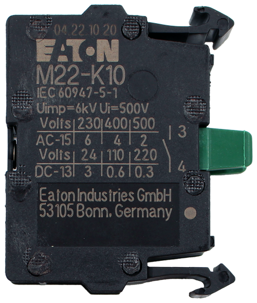 04.22.10.20 
 EATON 
 M22-K10 
 IEC 60947-5-1 
 Uimp=6kV Ui=500V 
 Volts | 230|400|500 
 AC-15 6| 412 
 13 
 Volts 24 110 220 
 DC-131 3 10.610.3 
 4 
 Eaton Industries GmbH 
 53105 Bonn, Germany