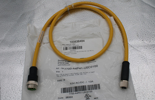 16QUB/40 E323349 (UL) TVORBY 
 MURRELEKTRONIK 7700-A4P41-UOC0100 
 100836484 
 SRS Legacy # / CRef: 
 PUC/N 90C DRY 75C WET FT4 36/20 
 7700-A4P41-UOC0100 
 100836484 
 CABLE POWER, CDS DBL,M12-90-F5P, 1M-TPE-YL, 
 1C/16AWG, 7-8-S-M4P 
 Murrelektroni. 
 Suwanee, GA 3002- 
 P: 770-497-9292 
 www.murrinc.com 
 stay connected 
 Art. - No.7700-A4P41-UOC0100 
 Pcs. 
 Mini (7/8) 4p Male 0º /M12 Power L-cod. 4p Fem. 0º Cable, 
 TPE 4x16AWG ye UL/CSA, TC-ER, IEC 1.0m 
 AWG 18 
 63V AC/DC / 10A 
 7700-A4P41-UOC0100 
 Code 2B3G3 
 EULJUS 
 LISTED 
 4MT5