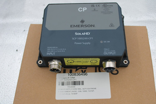 CULUS LISTED 
 CP 
 L.L.E. POWER SUPPLY 
 E137632 
 IND.CONT.EQ 
 R-R-EMR-SCP100834X 
 E61379 
 Installation in 
 a Compartment Handling 
 Conditioned Air 
 EMERSON .. 
 SOLAHD™ 
 SCP 100S24X-CP1 
 Power Supply 
 DC OK 
 50/60/400 Hz 
 100-353 V === /1.2-0.35 A 
 Class 2 
 100-240 V~/1.6-0.70A 
 24 V= / 3.8A 
 INPUT 
 OUTPUT 
 SCP 100S24X-CP1 POWER SUPPLY 
 3- 
 -2 
 O 
 O 
 3 - NEUTRAL 
 INPUT 
 100-240 V /1.6 0.7 A 
 OUTPUT 
 3 
 24 Y=73-8 A 
 100836496 
 RS Legacy # / CRef: 
 SCP 100S24X-CP1 
 100836496 
 POWER SUPPLY CONV MDL, SCP-X EXTREME 
 ENVIRONMENT,24VDC, 3.8A, 100W, 7-8 F4P, 
 100-240VAC in, 7-8 M3P