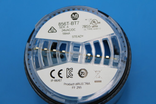 AB 
 INC 
 CONT 
 856T-BT7 
 Ed 
 SER. A 
 7R55 LISTED 
 24VAC/DC 
 UL TYPE 4/4X/13 
 58mA 
 STEADY 
 IP 66/67 
 Product of AUSTRIA 
 FF 295