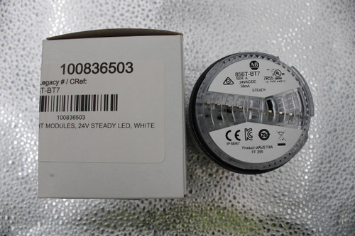 100836503 
 A.B 
 IND 
 856T-BT7 
 CONT 
 EQ 
 Legacy # / CRef: 
 cl 
 US 
 SER. A 
 7R55 LISTED 
 T-BT7 
 24VAC/DC 
 UL TYPE 4/4X/13 
 58mA 
 STEADY 
 100836503 
 IT MODULES, 24V STEADY LED, WHITE 
 IP 66/67 
 Product ofAUSTRIA 
 FF 295