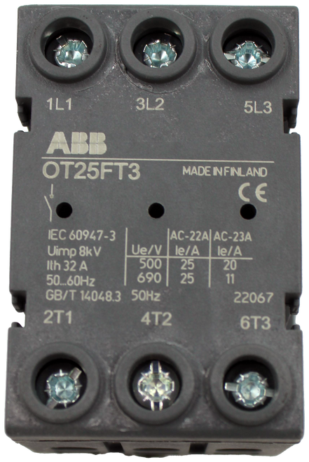 1L1 
 3L2 
 5L3 
 ABB 
 OT25FT3 
 MADE IN FINLAND 
 CE 
 IEC 60947-3 
 AC-22A|AC-23A 
 Uimp 8k V 
 Ue/V 
 le/A 
 le/A 
 Ith 32 A 
 500 
 25 
 20 
 50 ... 60Hz 
 690 
 25 
 11 
 GB/T 14048.3 50Hz 
 22067 
 2T1 
 4T2 
 6T3