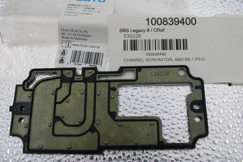 VABD-S6-1-P3-C 
 Mat. No .: 
 539228 
 Series: 
 04-2022:02 
 Channel separation 
 100839400 
 1 piece(s) 
 SRS Legacy # / CRef: 
 Festo SE & Co. KG 
 539228 
 DE-73734 Esslingen 
 Made in Germany 
 Li 
 www.festo.com/sp 
 100839400 
 CHANNEL SEPERATOR, ABD-S6-1-P3-C 
 141 
 052568 
 007096 
 539228 
 O