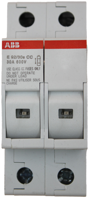 ABB 
 E 92/30s CC 
 30A 600V 
 USE CLASS CC FUSES ONLY 
 DO NOT OPERATE 
 UNDER LOAD 
 NE PAS UTILISER SOUS 
 CHARGE