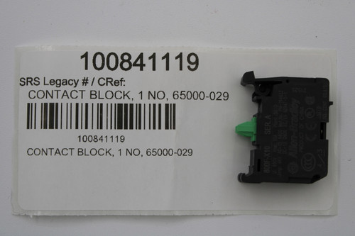 SRS Legacy # / CRef: 
 CONTACT BLOCK, 1 NO, 65000-029 
 CONTACT BLOCK, 1 NO, 65000-029 
 100841119 
 100841119 
 800F-X10 
 SER. A 
 Ui: 690V Ithe: 10A Plant 5010 
 Uimp: 4KV AC-15 A600 Mat, No. PN-194632 
 DC-13 0600 IEC/EN 60947-5-1 
 Allen-Bradley 
 PRODUCT OF CHINA 
 CO 
 CE ® 
 2152S 
 .4 
 LISTED 
 IND. CONT. EQ.A191