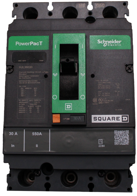 060 
 PowerPacT 
 Schneider 
  Electric 
 ON / OFF 
 TRIP 
 HJL36030 
 Current limiting Circuit 
 M 
 Interruptor Limite 
 de Corriente 
 TUG - N 
 INTERRUPTING RATING 
 VALOR DE INTERRUPCIÓN 
 DE INTERRUP 
 VALOR DE IN 
 UL / CSA 
 2 50/6 
 (V) 50/60 Hz 
 240 
 480 
 600 ~ 
 250 
 20 
 Lic No.100 
 HACK 
 C 60947-2 40 ℃ 50/60 H 
 Di 750V 
 Cat A 
 imp 8KV 
 Le(V) 
 220/240~ 100 
 ICU(KA) lesÍKA 
 D 
 380/440 
 30 A 
 SQUARE D 
 30 A 
 550A 
 73 
 In 
 Ti 
 2236