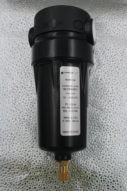 FILTER C 18 
 04A.0030.PNF1.J.0368 
 SN:29962823 
 FLOW: 20 SCFM 
 TS: +34/212ºF 
 PS: 232 psi 
 PED: Fluid 2, art.4.3 
 VOL .: 0.15 GAL 
 MASS: 1.3 Ibs 
 P. TEST: 100 psi 
 MADE IN S12023