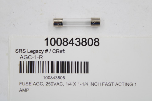 100843808 
 SRS Legacy # / CRef: 
 AGC-1-R 
 100843808 
 FUSE AGC, 250VAC, 1/4 X 1-1/4 INCH FAST ACTING 1 
 AMP