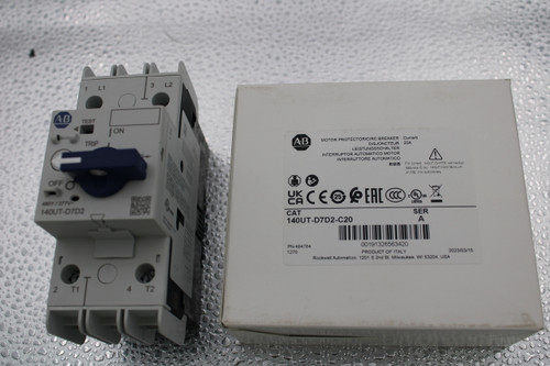 1 L1 
 3 
 L2 
 A.B 
 TEST 
 JON 
 TRIP 
 AB 
 MOTOR PROTECTOR/CIRC.BREAKER Current 
 DISJONCTEUR 
 20A 
 LEISTUNGSSCHALTER 
 INTERRUPTOR AUTOMATICO MOTOR 
 INTERRUTTORE AUTOMATICO 
 断路器 
 For correct 140UT-D-WTE connection 
 data see iS No. 140UT-IN001B-MU-P 
 on http:/rok.auto/library 
 OFF O 
 LACESREAD 
 CULUS 
 LISTE 
 140UT-D7D2 
 CAT 
 --- 
 SER 
 140UT-D7D2-C20 
 A 
 PN-494784 
 00191326563420 
 1270 
 PRODUCT OF ITALY 
 2023/03/15 
 Rockwell Automation, 1201 S 2nd St. Milwaukee, WI 53204, USA 
 2 
 T1 
 T2