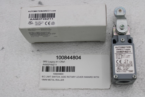 AUTOMATIONDIRECT.com 
 AAM2F46Z11 
 UL 
 IND. CONT.EG. 
 CER 
 LISTED KOPA 
 r recommended 
 e by the manufacturer 
 Made in Italy 
 Quantity 
 23/05 
 AUTOMATION 
 DIRECT.com 
 AAM2F46Z11 
 EN 60947 -5-1 
 100844804 
 AC15 400 V - 1 .8 A 
 DC13 24 V = 2.8 A 
 Ui 690 V 
 SRS Legacy # / CRef: 
 CE 210 
 AAM2F46Z11 
 EN 5004700- 
 -- 
 --- 
 73/05 
 100844804 
 IEC LIMIT SWITCH, SIDE ROTARY LEVER INWARD WITH 
 18MM METAL ROLLER