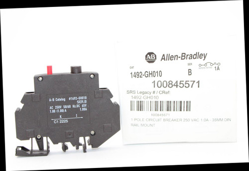 AB 
 Allen-Bradley 
 O 
 CAT 
 SER 
 1492-GH010 
 B 
 AMPERE RATING 1A 
 100845571 
 SRS Legacy # / CRef: 
 A-B Catalog #1492-GH010 
 1492-GH010 
 SER.B 
 AC 250V 50/60 Hz.DC 65V 
 1.00 (1.00) A 
 1.00A 
 K. 
 I 
 100845571 
 C1 2225 
 1 POLE CIRCUIT BREAKER 250 VAC 1.0A - 35MM DIN 
 RAIL MOUNT