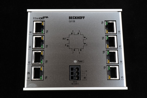 EtherCAT 
 BECKHOFF 
 CU1128 
 LNK 
 ......... 
 X4 
 ACT 
 3 
 X8 
 IN/1 
 4 
 LINK 
 Janol 
 8 
 5 
 X3 
 X7 
 6 
 Amph. 
 phenol 
 X2 
 Power 
 X6 
 CD 
 LINK 
 ........ 
 ........ 
 PE 
 Amphis. 
 IN 
 phenol 
 X1 
 ACT 
 XO 
 X5 
 -24V DC 
 NEC CLASS 2