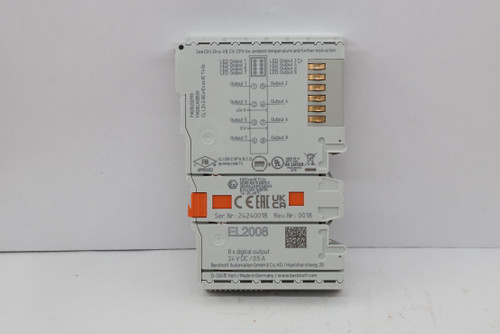 See Ctrl. Drw. 1/0, CX, CPX for ambient temperature and further instruction 
 LED Output 2 
 8888 
 LED Output 
 LED Output 3 
 LED Output 4 
 Output 
 8 0 
 LED Output 6 
 LED Output 7 
 LED Output 8 
 Output 1 
 5 
 Output 2 
 Output 3 
 2 66 
 Output 4 
 +24V= 
 Output 5 
 Output 6 
 FM20US0111X 
 CL I, Zn 2 AEx/Ex ec IIC T4 Gc 
 FM20CA0053X 
 3 
 7 
 0V 
 Output 7 
 Output 8 
 4 
 (8) 
 FM 
 CL I. DIV 2. GP A. B. C. D. 
 AWG 28-14 
 op temp code T 4 
 UL 
 60 ℃ m 
 US LISTED 
 APPROVED 
 Ind.Cont.Eq. 
 13G Ex ec IIC T4 GO 
 KEMA 10ATEX0075 X 
 DEKRA 22UKEX6024X 
 IFCE x DEK 16.0078X 
 Ta: - 25 ... +60 ℃ 
 CEEALER 
 Ser. Nr .: 24240018 Rev.Nr .: 0018 
 EL2008 
 8 x digital output 
 24 V DC / 0.5 A 
 Beckhoff Automation Gmbh & Co. KG / Huelshorstweg 20 
 D-33415 Verl / Made in Germany / www.beckhoff.com