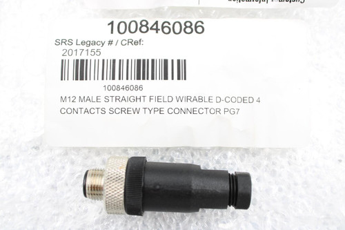 100846086 
 SRS Legacy # / CRef: 
 2017155 
 100846086 
 M12 MALE STRAIGHT FIELD WIRABLE D-CODED 4 
 CONTACTS SCREW TYPE CONNECTOR PG7