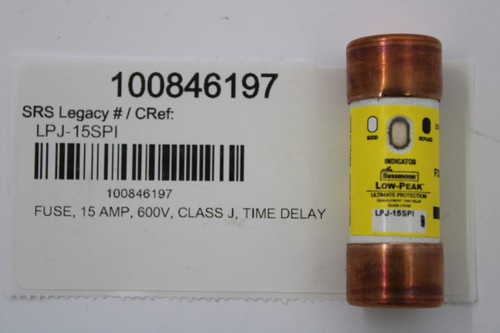 100846197 
 SRS Legacy # / CRef: 
 LPJ-15SPI 
 KEPACI 
 INDICATOR 
 Bussmann 
 LOW-PEAK 
 100846197 
 ULTIMATE PROTECTION 
 FUSE, 15 AMP, 600V, CLASS J, TIME DELAY 
 LP J-15SPI