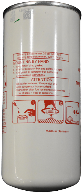 SD8/220914 
 Operating pressure max.20 bar (290 PSI) 
 Operating temperature max. 120℃ (248ºF) 
 MOUNTING BY HAND 
 1. Apply film of oil to gasket. 
 2. Fit air oil separator box and tighten by hand. 
 3. Change air oil separator box according 
 to maintenance instructions. 
 - 
 ATTENTION 
 Do not dismantle air oil separator box 
 pue 
 while compressor is pressurized. 
 Change box after flow resistance has reached 
 I bar, at latest 1 year of operation 
 2 
 1/4 
 Made in Germany