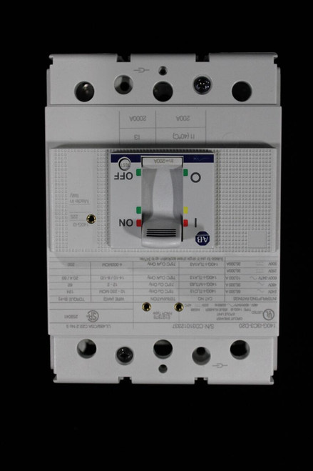140G-13C3-D20 
 S/N: CD31012337 
 UL489/CSA C22.2 No 5 
 YL 
 CIRCUIT BREAKER 
 5197878 
 STED .. 
 3 POLE UNIT 
 259041 
 TYPE 1400-43 ISSUE NUMBER 
 SOOV 
 INTERRUPTING RATINGS 
 CAT NO 
 TERMINATION 
 WIRE (AWG) 
 TORQUE (b-in) 
 240V 
 65.000 A 
 140G-+-TLC13 
 75℃ Cu Only 
 10 - 250 MOM 
 124 
 480V 
 35.000 A 
 140G-4-MTL63 
 75℃ Cu Only 
 12 - 2 
 62 
 600Y-347V 
 10,000 A 
 140G+-TLA13 
 75 ℃ CuAl Orty 
 14-10/8-1/0 
 20.4 /50 
 250V 
 35,000A 
 500V 
 35.0004 
 140G-1-TLA1A3 
 75℃ CuAl Only 
 4-300MCM 
 200 
 Sumaoin for use in single phase application up to 347Vac 
 A.B 
 cccr 
 ON 
 140G-13 
 225 
 - 
 1000 
 Made in 
 1000 
 Italy 
 3000 
 ----- 
 O 
 OFF 
 ---- 
 n=200A 
 ES 
 --- 
 00000000000000000 
 10000 
 11 (40℃) 
 3 
 200A 
 2000A
