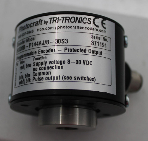 Photocraft by TRI-TRONICS CE 
 0-237-0946 ttco.com / photocraftencoders.com 
 Soder Model 
 Serial No. 
 S20B-P144AJ/8-30S3 
 grammable Encoder - Protected Output 
 371191 
 red | brn Supply voltage 8-30 VDC 
 Function 
 Wire 
 no connection 
 blk| blu Common 
 wht| blk Pulse output (see switches)
