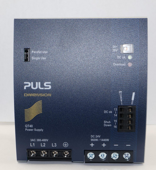 Parallel Use 
 Single Use 
 DC ok 
 Overload 
 PULS 
 DIMENSION 
 13 
 DC ok 
 14 
 Shut- 
 15 
 QT40 
 Down 
 16 
 Power Supply 
 DC 24V 
 3AC 380-480V 
 960W / 1440W 
 L1 
 L2 
 L3 
 + 
 + 
 - 
 -