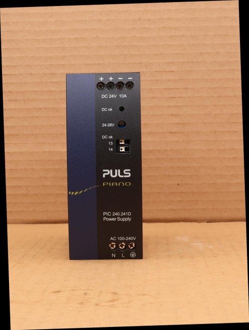 + + -. 
 DC 24V 10A 
 DC ok 
 24-28V 
 DC ok 
 13 
 14 
 PULS 
 PIANO 
 PIC 240.241D 
 Power Supply 
 AC 100-240V 
 N 
 L