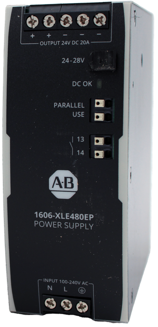 + 
 OUTPUT 24V DC 20A 
 24-28V 
 DC OK 
 PARALLEL 
 USE 
 13 
 14 
 AB 
 1606-XLE480EP 
 POWER SUPPLY 
 INPUT 100-240V AC- 
 N L