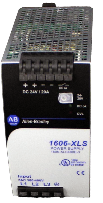 ++- - 
 -- 
 DC ok 
 DC 24V / 20A 
 24- 
 28V 
 DC ok 
 OVL 
 AB 
 Allen-Bradley 
 QUALI 
 1606-XLS 
 POWER SUPPLY 
 1606-XLS480E-3 
 18WM 
 IND.CONT.EQ 
 C 
 US LISTED 
 CE 
 Input 
 3AC 380-480V 
 L1 L2 L3 9