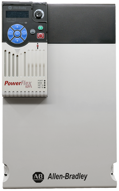 B Allen-Bradley 
 ENET 
 FAULT 
 A 
 Esc 
 Sel 
 A 
 PowerFlex 
 PORT . 
 MOD 
 525 
 NET A . 
 NET B ® 
 A.D 
 Allen-Bradley