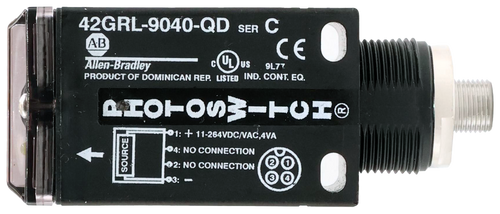 42GRL-9040-QD SER C 
 AB 
 CE 
 Allen-Bradley 
 cCUL 
 US 
 9L77 
 PRODUCT OF DOMINICAN REP. LISTED IND. CONT. EQ. 
 01: + 11-264VDC/VAC,4VA 
 04: NO CONNECTION 
 02: NO CONNECTION 
 2 
 1 
 3 4 
 SOURCE