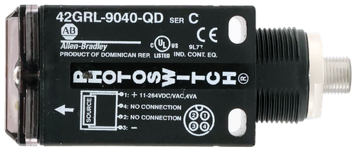 42GRL-9040-QD SER C 
 AB 
 CE 
 Allen-Bradley 
 cCUL 
 US 
 9L77 
 PRODUCT OF DOMINICAN REP. LISTED IND. CONT. EQ. 
 01: + 11-264VDC/VAC,4VA 
 04: NO CONNECTION 
 02: NO CONNECTION 
 2 
 1 
 3 4 
 SOURCE