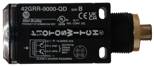 42GRR-9000-QD SER B 
 A.B 
 CECA 
 Allen-Bradley 
 CULUS 91.77 
 PRODUCT OF DOMINICAN REP. LISTED IND. CONT. EQ. 
 1301053-1013 
 01: + 10-30VDC,4VA 
 OUTPUTS 
 HYO2: NPN J 30VDC 
 RECEIVER 
 +03 :- 
 CLASS 2 SOURCE REQUIRED
