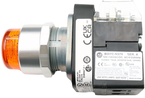 ŠU 
 U 
 AB 
 800TC-N374 
 SER. A 
 2V-130VAC/DC AC@50/60Hz 
 Current: 13mA, 24VDC/8.5mA, 120VAC 
 25 
 CE B0947-5-1 CCC. SHE UL LISTED 
 LISTED 
 FOR USE IN HAZ 
 NOTE: IF USED WITH ORDIN 
 LOG. 
 SHO 
 WILLONION CONTACT BLOCKS, THE 
 E ASSEMBLY WILL BE RATED 
 FOR USE IN ORDINARY LOCATIONS. T5 
 GROUPS A,B,C 
 DIV. 2 LOC. 
 USE WITH LAMPS: 800T-N376* 
 MADE IN CHINA 
 EN60947-5-1 
 YPE 443 
 IND. CONT. EQ 
 ND. CONT. 
 LISTED A191 
 2 
 V324, USA