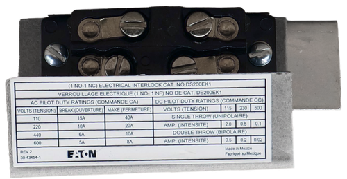 (1 NO-1 NC) 
 TRICAL INTERLOCK CAT. NO DS200EK1 
 VERRO 
 UILLAGE ELEC 
 NO. 4 NEL NO DE CAT 
 ISION) BR 
 OT DUTY RATINGS (COMMANDE CA 
 NF) NO DE CAT 
 AT. DS200EK1 
 OLTS (TE 
 BREAK YOUVE 
 ERTURE) |M 
 (OUVERTUR 
 MANDE CA) | DCF 
 I MAKE (FER 
 OT DUTY RATINGS (COMMANDE 
 METURE) 
 (FERME 
 115 230 600 
 1SA 
 SINGLE THROW (UNIP 
 W (UNIPOLAIRE 
 440 
 AMP IU 
 (INTENSITE) 2.0 0.5 
 IBI E TUDOW RIPOLAIR 
 Toul 
 600 
 GROW LER 
 INTENSITET 
 P (INTENSITE) 0.5 0.2 
 0.02 
 3-43454-1 
 EATON 
 mehrque au Mexico