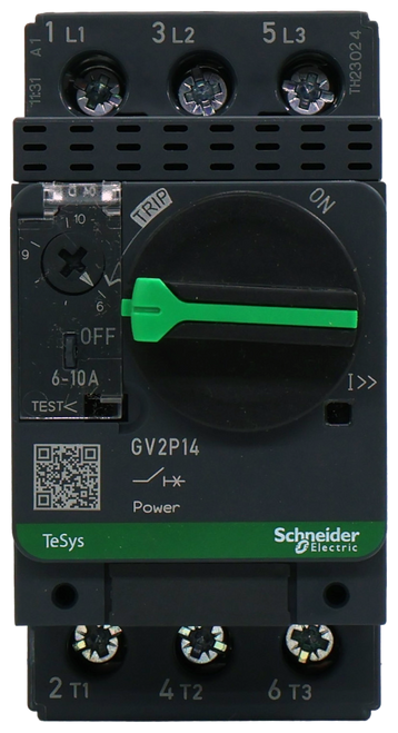 1 L1 
 3 L2 
 5 L3 
 AT 
 TH23024 
 11:31 
 ON 
 10 
 TRIP 
 9 
 6 
 OFF 
 6-10 A 
 TEST< 
 GV2P14 
 Power 
 TeSys 
 Schneider 
 Electric 
 2 T1 
 4 T2 
 6 T3