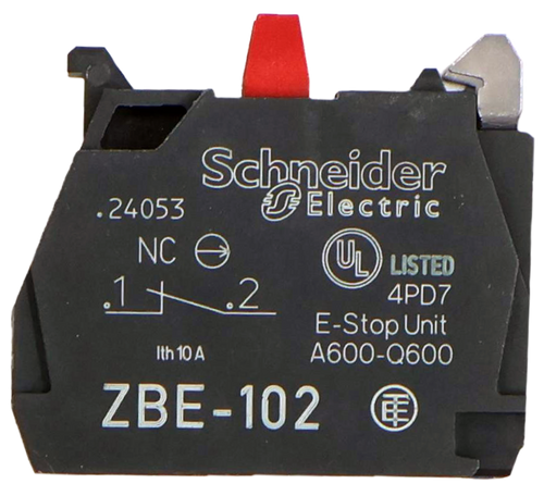Schneider 
 . 24053 
 SElectric 
 NC 
 (UL LIS 
 .1 1 .2 
 4PD7 
 E-Stop Unit 
 A600-0600 
 ZBE-102