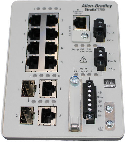 Allen-Bradley 
 Stratix®5700 
 EXPRESS 
 Setup 
 2 
 DC - 
 Pwr A 
 3 
 4 
 Console 
 DC + 
 5 
 6 
 Setup EIP EIP 
 Net Mod 
 DC 
 Pwr B 
 7 
 8 
 Alarm 
 DC 
 11 IN2 OUT 
 8 
 CISCO, 
 Technology 
 1 
 Com 
 IN2 
 Ref 
 2 
 IN1 
 2