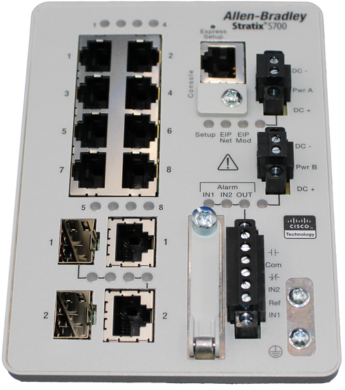 Allen-Bradley 
 Stratix®5700 
 EXPRESS 
 Setup 
 2 
 DC - 
 Pwr A 
 3 
 4 
 Console 
 DC + 
 5 
 6 
 Setup EIP EIP 
 Net Mod 
 DC 
 Pwr B 
 7 
 8 
 Alarm 
 DC 
 11 IN2 OUT 
 8 
 CISCO, 
 Technology 
 1 
 Com 
 IN2 
 Ref 
 2 
 IN1 
 2
