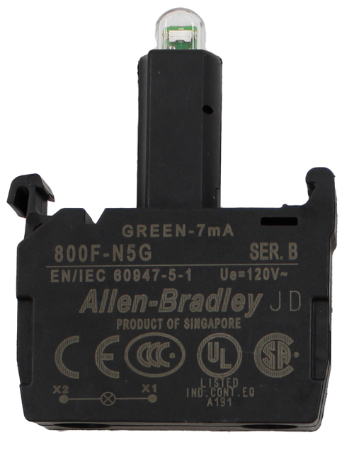 GREEN-7mA 
 800F-N5G 
 SER. B 
 EN/IEC 60947-5-1 
 Ue= 120V 
 Allen -Bradley JD 
 PRODUCT OF SINGAPORE 
 CEO 
 UL 
 X2 
 X1 
 IND. CONT . EO 
 A 191
