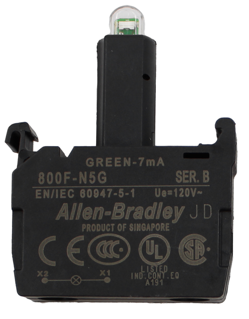 GREEN-7mA 
 800F-N5G 
 SER. B 
 EN/IEC 60947-5-1 
 Ue= 120V 
 Allen -Bradley JD 
 PRODUCT OF SINGAPORE 
 CEO 
 UL 
 X2 
 X1 
 IND. CONT . EO 
 A 191