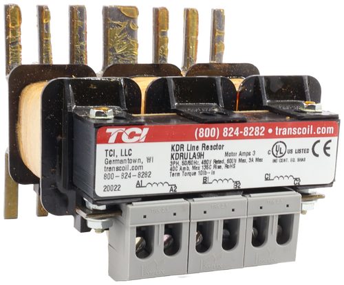 (800) 824-8282 . transcoil.com 
 TCI, LLC 
 Germantown, WI 
 transcoil.com 
 800-824-8282 
 KDR Line Reactor 
 KDRULA9H 
 Motor Amps 3 
 C CyL 
 JUS LISTED 
 IND CONT. EQ. SHAD 
 9PH, 50/60Hz, 480V Rated, 60QV Max, 3A Max 
 40C Amb, Mex 195C Rise, RoHS 
 Term Torque 101b -- in 
 20022 
 A2 
 132 
 TRK 2,5 
 TRK 2,5 
 . 
 FRK 2,5 
 SYNFLEX 
 SYNFLEX 
 SYNFLEX