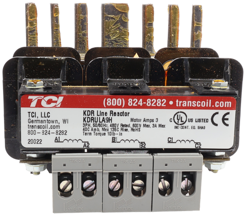 TCI, LLC 
 Germantown, WI 
 transcoil.com 
 800-824-8282 
 KDR Line Reactor 
 KDRULA9H 
 Motor Amps 3 
 3PH, 50/60Hz, 480'V Rated, 60CV Max, 3A Max 
 40C Amb, Max 135C Rise, RoHS 
 Term Torque 101b -- in 
 C 
 UL 
 US LISTED 
 CE 
 IND CONT. EQ. 5HAO 
 20022 
 A1 
 BLAY 
 A2 
 732 
 C2 
 TRK 2,5 
 TRK 2,5 
 TRK 2,5 
 SYNFLEX 
 SYNFLEX 
 SYNFLEX 
 (800) 824-8282 . transcoil.com