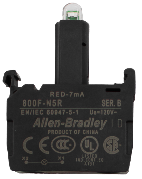 RED-7mA 
 800F-N5R 
 SER. B 
 EN/IEC 60947-5-1 
 Ue=120V~ 
 Allen-Bradley ID 
 PRODUCT OF CHINA 
 CE® 
 UL 
 SP 
 X2 
 X1 
 LISTED 
 IND . CONT.EO 
 A 191