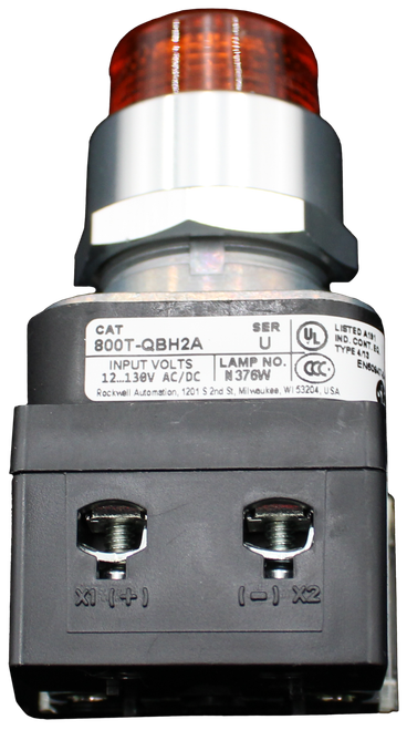 CAT 
 SER 
 LISTED ATH 
 800T-QBH2A 
 UL 
 IND. COM 
 S.CONT. ER 
 INPUT VOLTS 
 LAMP NO 
 12 ... 130V AC/DC 
 N 376W 
 2nd St MilMe 
 Rockwell Automation, 1201 $ 2nd St, Milwaukee, WI 532 
 /1 53204, USA 
 X1 ( +) 
 (-) X