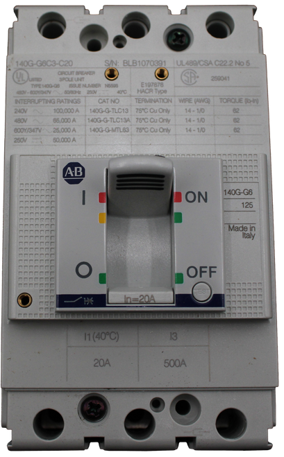 140G-G6C3-C20 
 S/N: BLB1070391 |UL489/CSA C22.2 No 5 
 CIRCUIT BREAKER 
 SP 
 LISTED 
 3POLE UNIT 
 259041 
 TYPE 140G-GB 
 ISSUE NUMBER N6506 
 E197878 
 480V - 600Y/347V 
 50/00Hz 250V 40℃ 
 HACR Type 
 INTERRUPTING RATINGS 
 CAT NO 
 TERMINATION 
 WIRE (AWG) 
 TORQUE (b-In) 
 240V 
 100,000 A 
 140G-G-TLC13 |75℃ Cu Only 
 14- 1/0 
 62 
 480V 
 65,000 A 
 140G-G-TLC13A 
 75℃ Cu Only 
 14 - 1/0 
 82 
 800Y/34TV 
 25,000 A 
 140G-G-MTL63 
 75℃ Cu Only 
 14 - 1/0 
 62 
 250V 
 50,000 A 
 AB 
 LON 
 140G-G6 
 - 
 125 
 Made in 
 Italy 
 OFF 
 In=20A 
 FEST 
 11 (40℃) 
 13 
 20A 
 500A